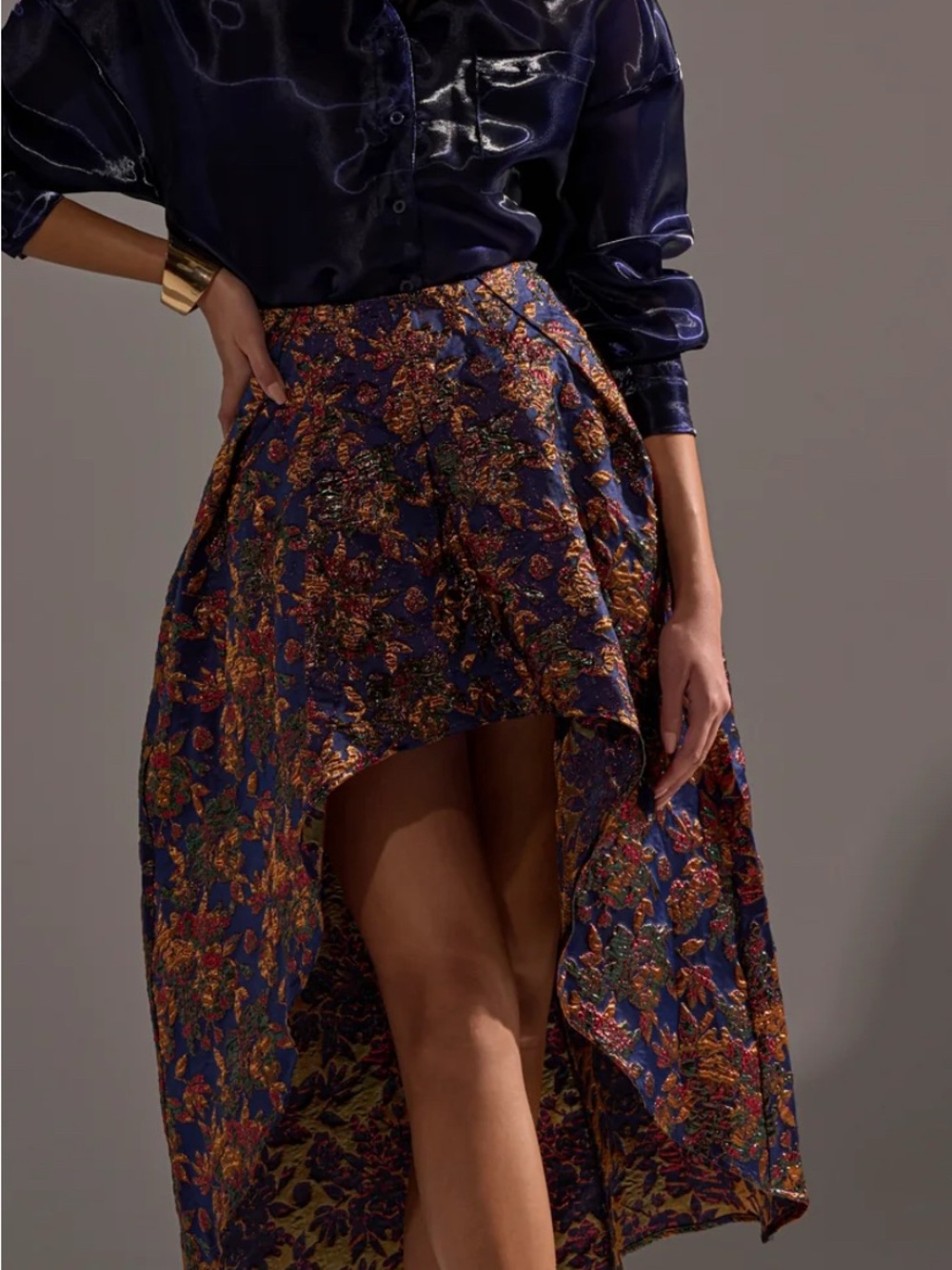 AKIRA Navy Metallic Floral High-Low Skirt - Picture 5 of 7